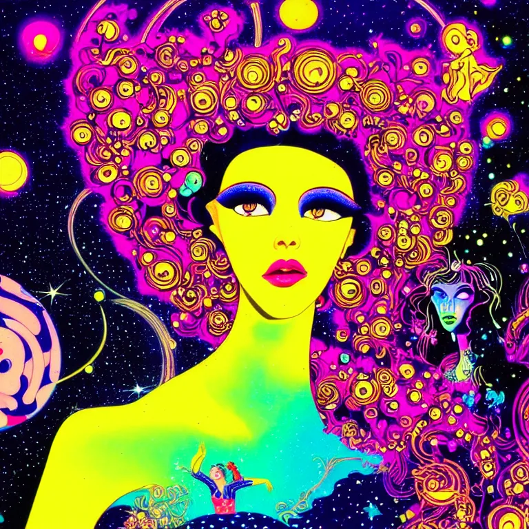 Image similar to cosmic girl surrounded by symbols, medium close - up, realistic face, psychedelic crystal background, bright neon colors, highly detailed, cinematic, eyvind earle, tim white, philippe druillet, roger dean, lisa frank, aubrey beardsley, hiroo isono