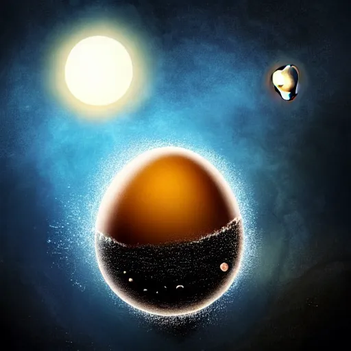 Image similar to an egg bigger than a planet cracks open and the gooey earth slowly drips out. digital art, dramatic lighting, comedy, science fiction, concept art, epic fantasy, surreal. cosmos