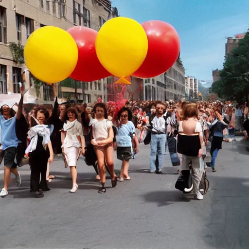 Image similar to A large group of people parading through the street holding lots of balloons, calm afternoon, natural lighting, 1990s