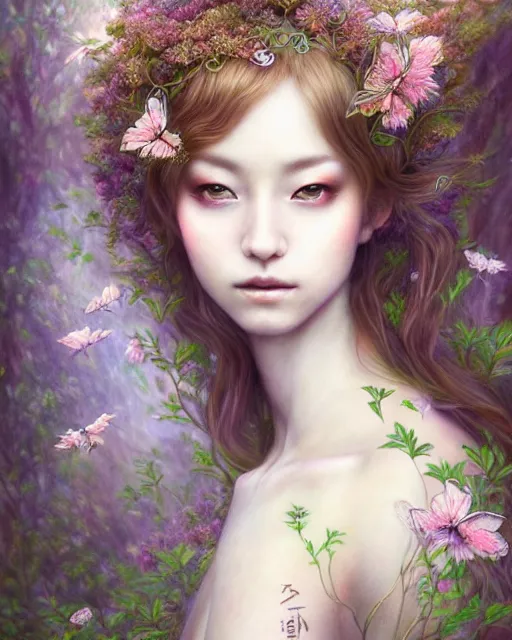 Prompt: portrait of a beautiful forest fairy, sweet, graceful, esoteric, muted colors, head in focus, fantasy art, fairy aesthetics, intricate, elegant, highly detailed, hyperrealistic painting, artstation, concept art, painterly, sharp focus, hasselbrad photography, illustration, art by chie yoshii