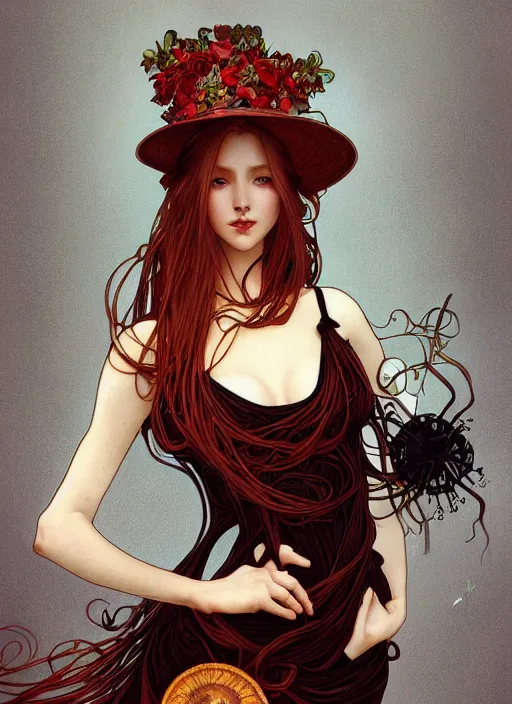 Image similar to a highly detailed illustration of tall beautiful red haired lady wearing black spaghetti strap dress and sun hat, elegant pose, perfect face, perfect body, perfect eyes, by alphonse mucha, intricate, elegant, highly detailed, centered, digital painting, artstation, concept art, smooth, sharp focus, league of legends concept art, wlop.