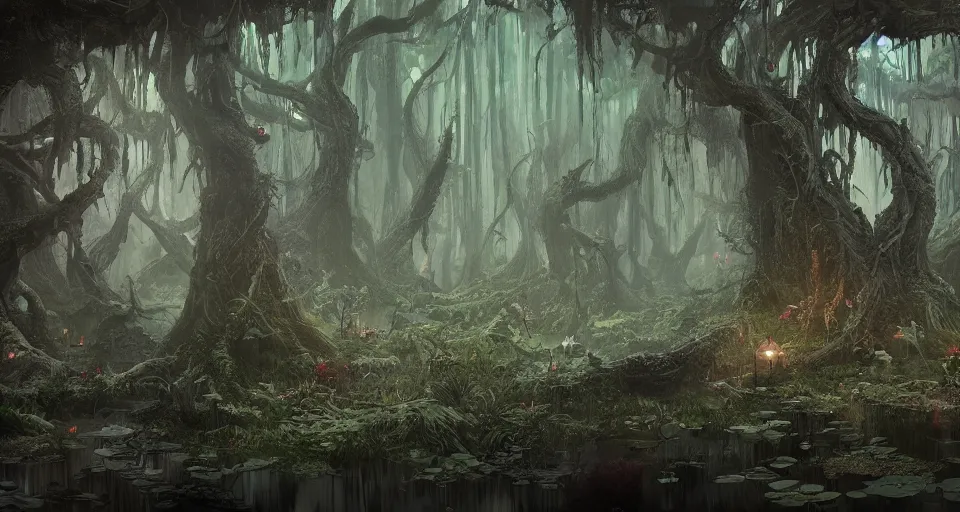Prompt: A dense and dark enchanted forest with a swamp, by Disney Concept Artists