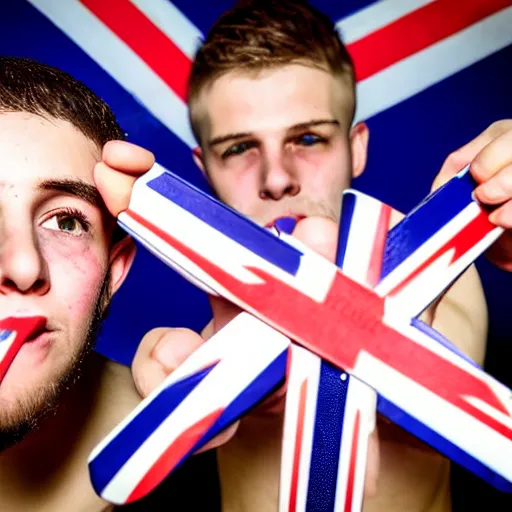 Image similar to mid-shot portrait photograph of two male British chav youths holding box cutter knives, with white powder on their faces, wearing the Union Jack, high quality