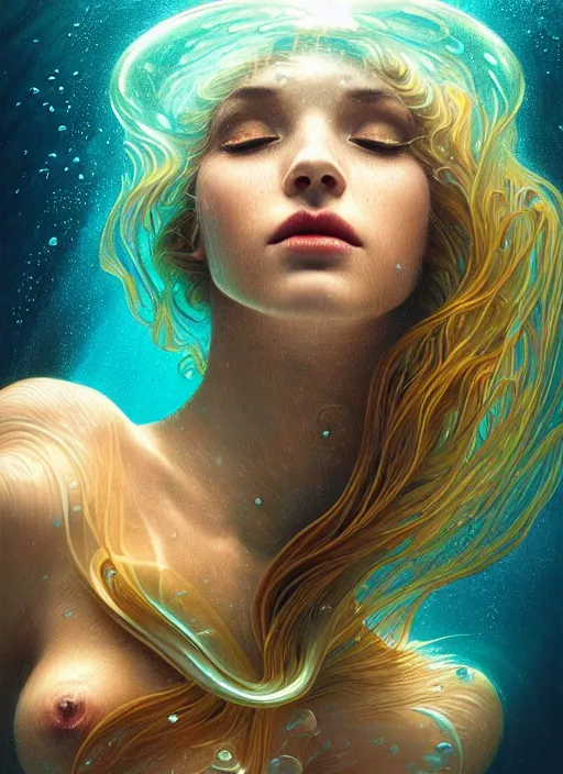 Image similar to an underwater photographic beauty portrait of an anthropomorphic bioluminescent liquid wave, refractive cinematic volumetric lighting, fantasy, intricate, elegant, highly detailed, digital painting, artstation, concept art, smooth, sharp focus, illustration, art by artgerm and h r giger and alphonse mucha