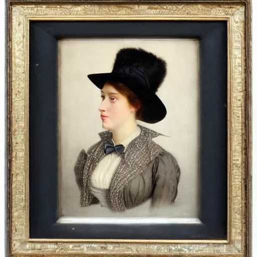 Image similar to portrait of a woman wearing a bowler hat, by berthold woltze.