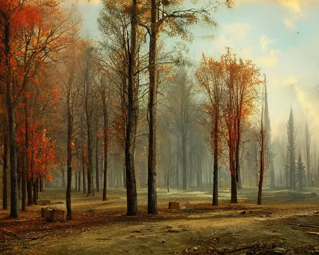 Image similar to beautiful matte painting of cute soviet block of flats hrushevka in end of forest by ivan shishkin