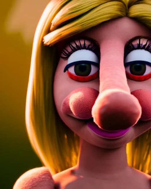 Image similar to detailed portrait, a photo of elyse wlliams as a muppet, unreal engine, cinematic composition, blender render, octane render, ultrawide shot