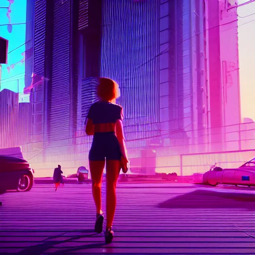 Image similar to a woman walking through a synthwave city, intricate artwork by tooth wu and wlop and beeple, octane render, hyper realism, 8 k