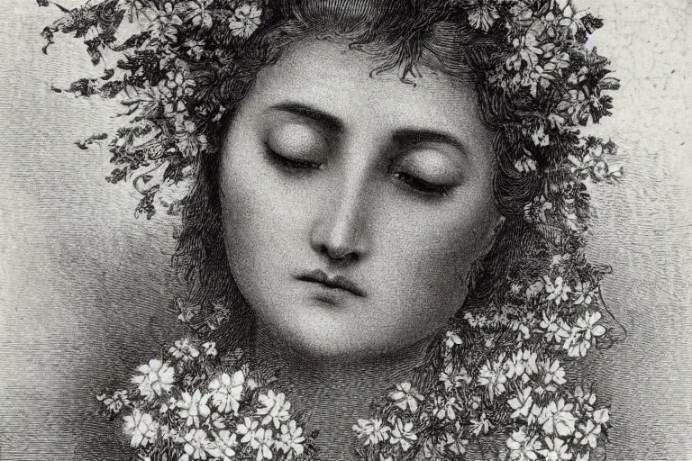 Image similar to black and white, close-up face of crying saint woman covered in flowers, Gustave Dore lithography