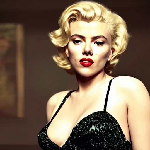 Image similar to stunning awe inspiring scarlett johansen as marilyn monroe, movie still 8 k hdr atmospheric lighting