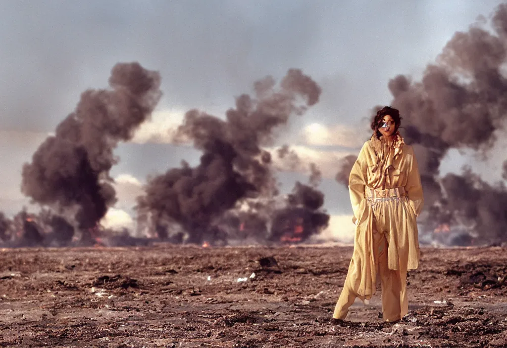 Image similar to fashion editorial in Kuwait oil fields fire. 1991. wide angle shot. highly detailed. depth of field. high definition. 8k. photography.