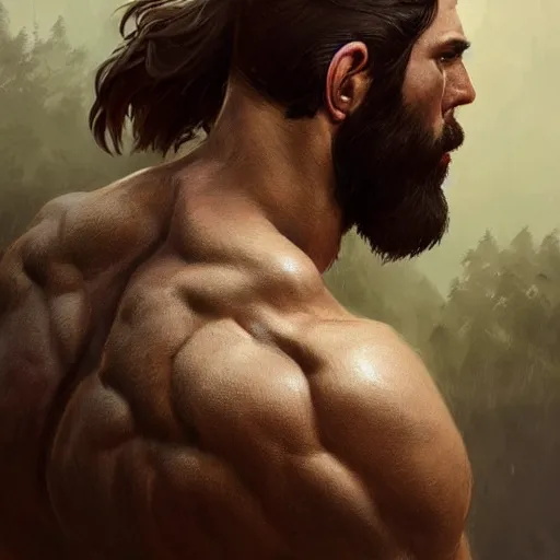 Image similar to back portrait of a rugged ranger, full body!!!, muscular, hairy, forest, anatomy, D&D, fantasy, intricate, elegant, highly detailed, digital painting, artstation, concept art, matte, sharp focus, illustration, art by Artgerm and Greg Rutkowski and Alphonse Mucha
