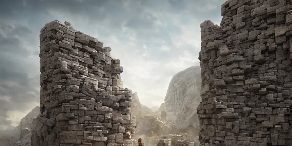 Prompt: beautiful matte painting of a giant wall made from stone bricks by weta workshop 8 k, cinematic dramatic atmosphere, dramatic lighting