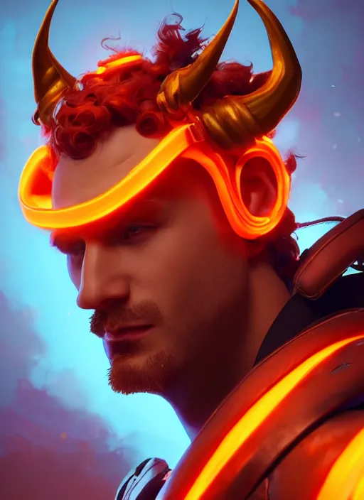 Prompt: glowwave portrait of a curly orange hair man with devil horns from overwatch, au naturel, hyper detailed, digital art, trending in artstation, cinematic lighting, studio quality, smooth render, unreal engine 5 rendered, octane rendered, art style by klimt and nixeu and ian sprigger and wlop and krenz cushart riot arcane overwatch
