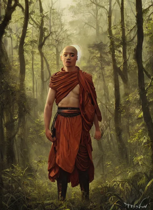 Prompt: a portrait painting of a male monk fighter wearing leather armor on a beautiful lush forest meadow, morning, art by Tristan Eaton, Stanley Artgerm, Tom Bagshaw, Greg Rutkowski, Carne Griffiths