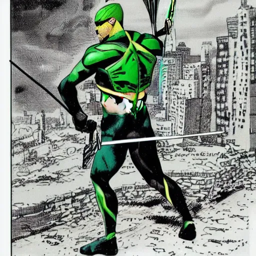 Image similar to The Green Arrow action pose, view from behind looking over shoulder, drawing an arrow from his quiver, comic book cover style