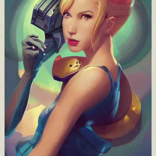 Image similar to portrait of beautiful Samus Aran, League of Legend illustration by Sam Youn:3, profile picture by Gil Elvgren:3, asymmetrical, Organic Painting, Ambient Occlusion:3, Matte Painting, bold shapes, hard edges, street art, trending on artstation, realistic:2 by Sachin Teng:5