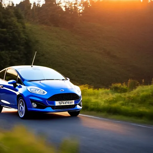 Image similar to ford fiesta mk 6 zetec on a mountain road, award winning photograph, golden hour