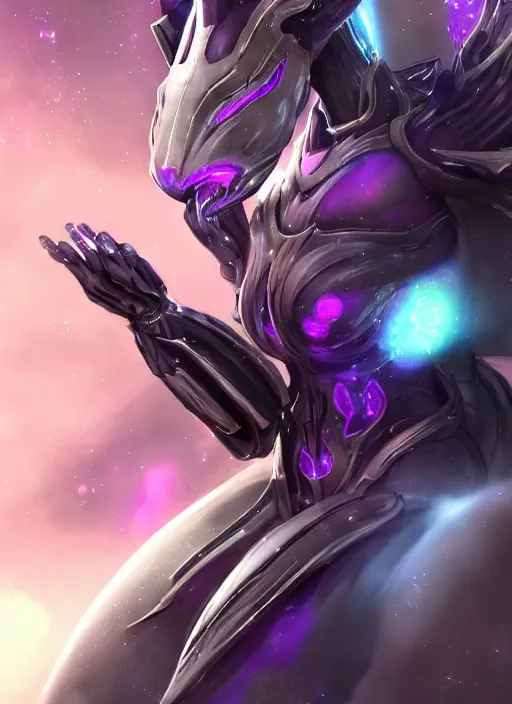 Image similar to cinematic close shot, galactic sized goddess, proportional stunning beautiful hot female warframe, sleek mecha female dragon head, metal ears, led purple eyes, smooth fuschia skin, smooth silver armor, floating in space, holding a galaxy, epic proportions, epic size, epic scale, furry art, dragon art, giantess art, warframe fanart, furaffinity, octane