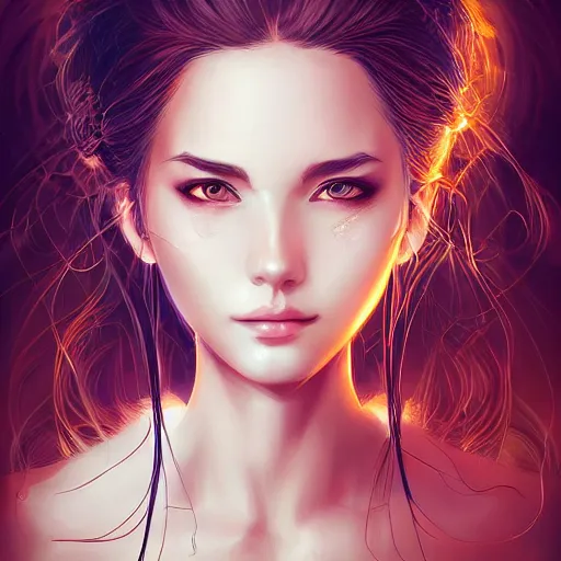 Image similar to Libromancer Fireburst, heroine, beautiful, playful smile, detailed portrait, intricate complexity, in the style of Artgerm, Kazuki Tanahashi, and WLOP, quixel megascan