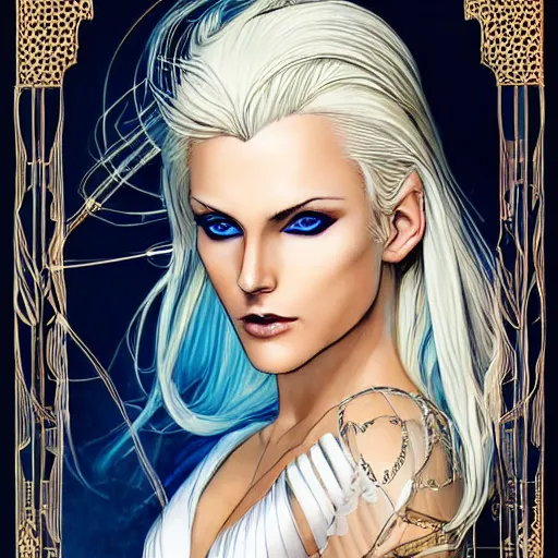 Prompt: Portrait of a tall blonde blue-eyed elf woman with white hair, wearing stylish white and gold clothes, intricate, elegant, highly detailed, smooth, sharp focus, detailed face, high contrast, dramatic lighting, graphic novel, art by Ardian Syaf and Pepe Larraz,