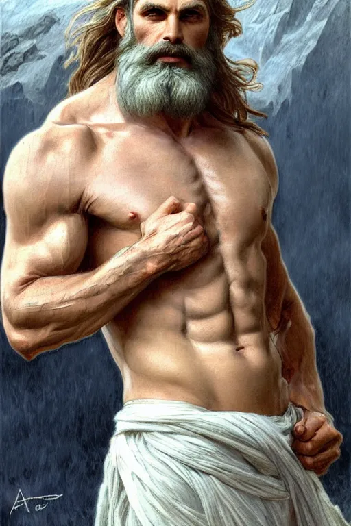 Image similar to painted portrait of rugged zeus, god of thunder, greek god, white hair, masculine, mature, handsome, upper body, flowy robe, muscular, hairy torso, fantasy, intricate, elegant, highly detailed, digital painting, artstation, concept art, smooth, sharp focus, illustration, art by gaston bussiere and alphonse mucha