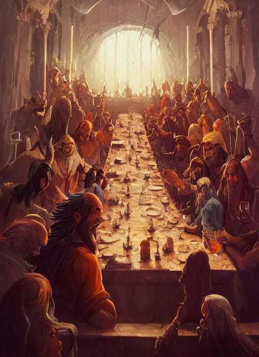 Image similar to the last supper beautiful painting by arthur addams and greg rutkowski and don bluth, highly detailed, illustration, epic, fantasy, intricate, hyper detailed, artstation, concept art, smooth, sharp focus, ray tracing