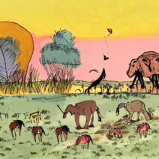 Image similar to quentin blake illustration of a safari at sunset