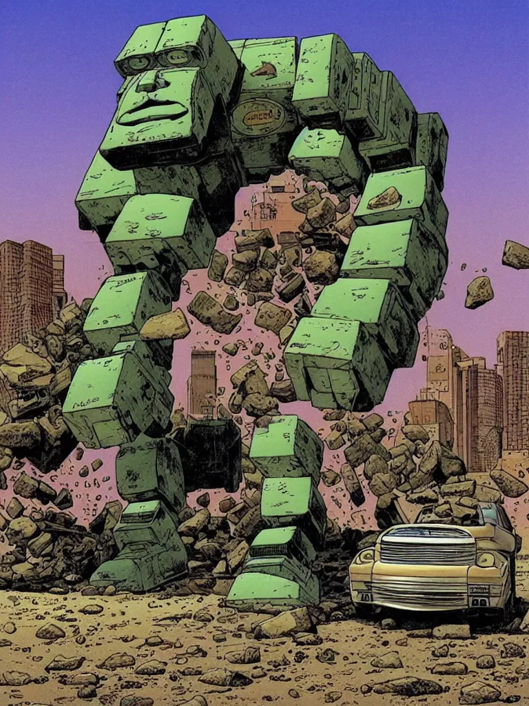 Prompt: an individual Giant stone robot walking down the street, a crushed car is under the robot’s foot by Richard Corben