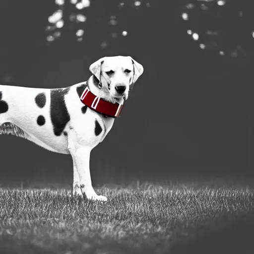 Prompt: A dog with a red collar walking from a dark place to a light place, the dog is monochrome, and has spots. 8k, hyper realistic, HD