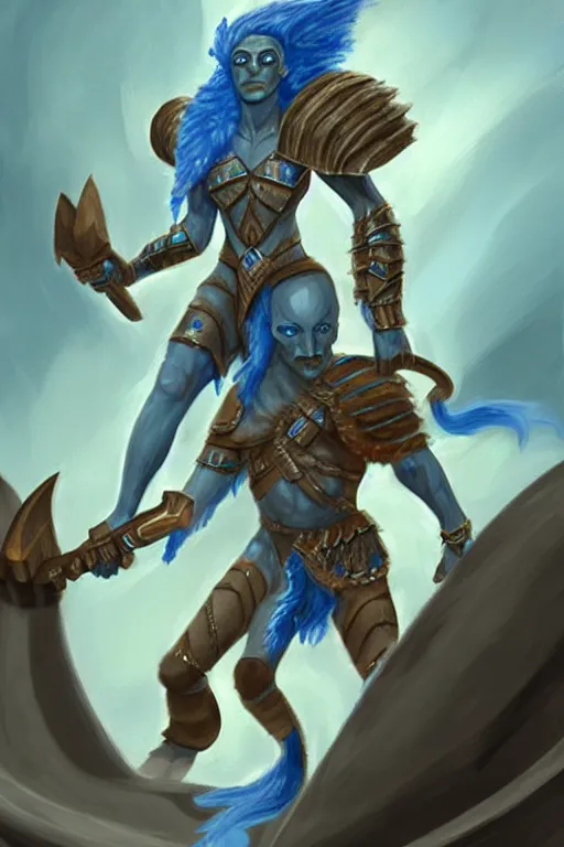 Image similar to a small blue-skinned triton girl wearing scale armor riding on a the shoulders of a large male goliath wearing fur and leather armor, dnd concept art, painting by Daniel R Horne
