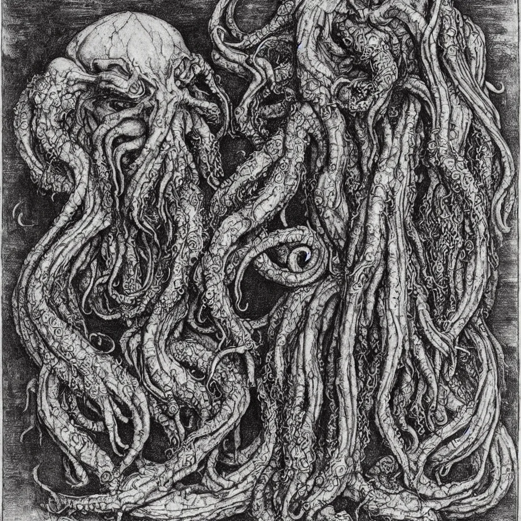 Prompt: portrait of cthulhu, dark atmosphere, faded out colors, highly detailed muted colors, highly detailed illustration by albrecht durer, fine art sketch
