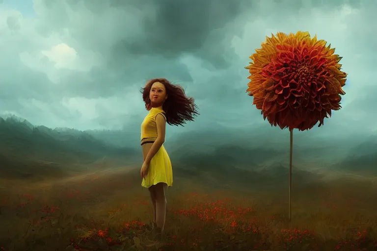 Image similar to closeup giant dahlia flower as head, girl standing on mountain, surreal photography, blue storm clouds, dramatic light, impressionist painting, digital painting, artstation, simon stalenhag