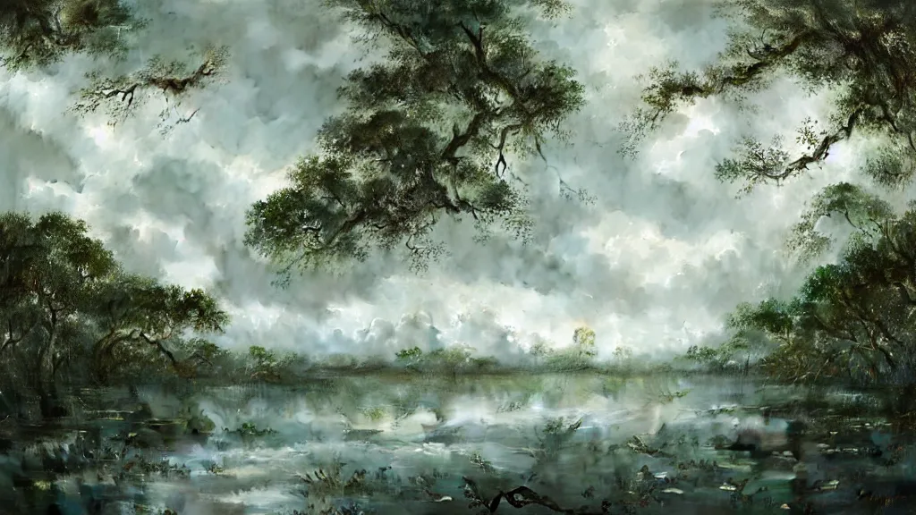 Image similar to Mangrove swamp made of clouds with lots of very very cloud shaped leaves, A beautiful, highly detailed, masterpiece, oil painting by Greg Rutkowski.