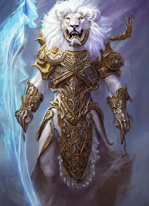 Prompt: anthropomorphized white lion paladin casting magic bright light spell, smiling, casting spell, concept art, insanely detailed and intricate, hypermaximalist, elegant, ornate, hyper realistic, super detailed, art deco, cinematic, trending on artstation, magic the gathering artwork