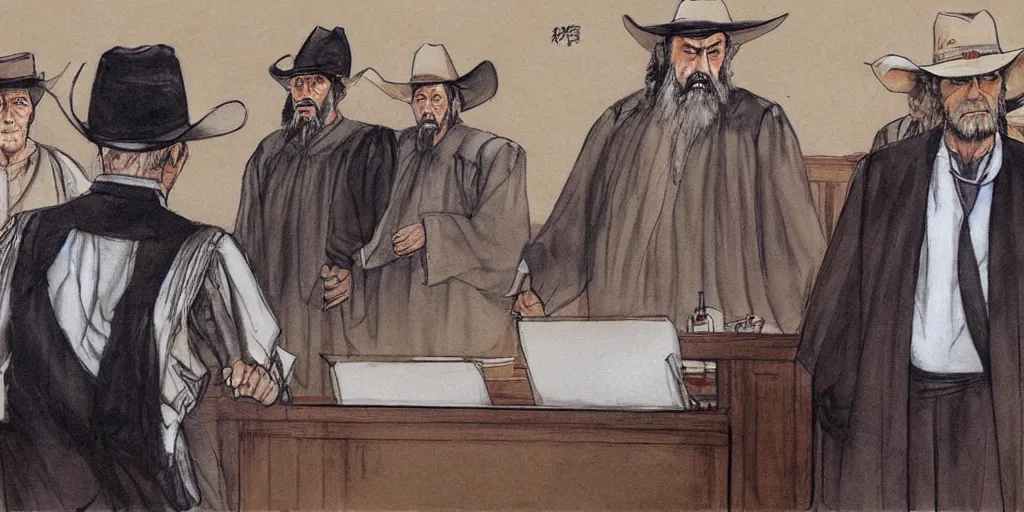 Image similar to Confucius and jury trial of cowboys in the american courtroom sketch by Christine Cornell by Batton Lash by John M. Downs by Leo Hershfield, judge with face of clint eastwood, concept art