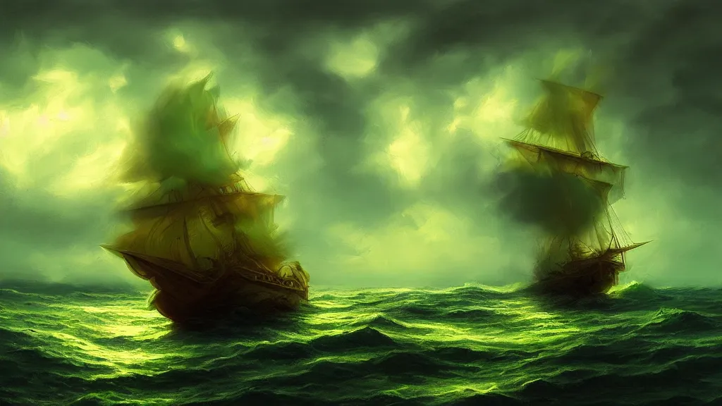 Prompt: gold galleon ship, green sea, storm. bloom, lighting. fantasy, digital painting, hd.