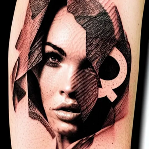 Image similar to double - exposure tattoo sketch of megan fox blended in beautiful mountains shape, in the style of dan mountford