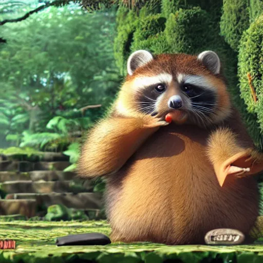 Image similar to a tanuki as yokozuna, fighting, realistic, awardwinning, unreal engine