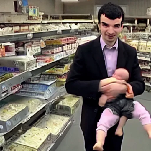 Image similar to cctv of Nathan fielder holding a baby