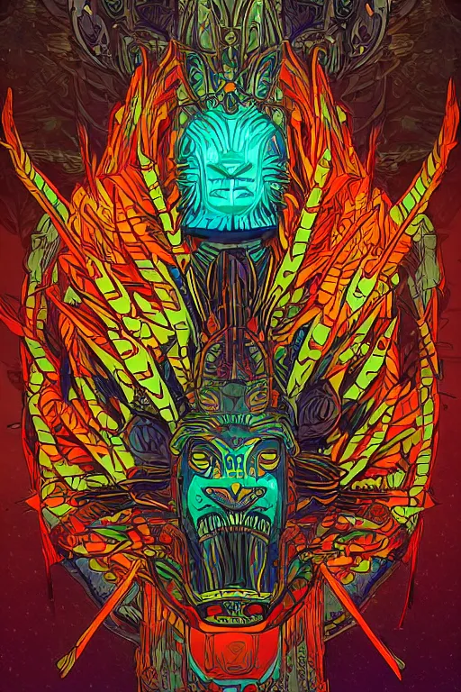 Image similar to totem animal tribal chaman vodoo mask feather gemstone plant video game illustration vivid color borderlands and by feng zhu and laurie greasley, victo ngai, andreas rocha, john harris radiating a glowing aura