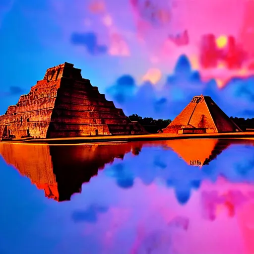 Image similar to neon mayan pyramids viewed from a lake,retrowave art,cyberpunk,trending on deviant art