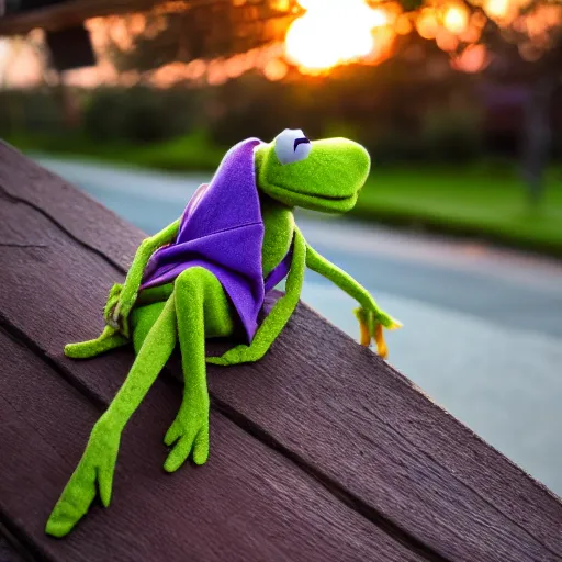 Prompt: Kermit the frog watching a nice sunset from his front porch , 8k , 4k , professional photography, award winning photo