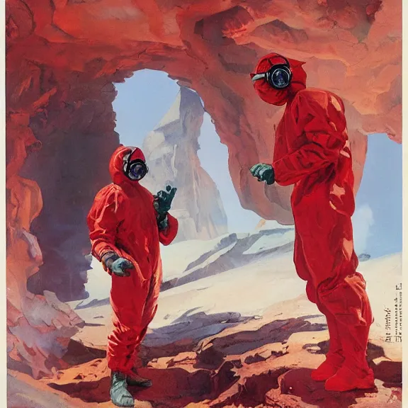 Prompt: two scientist wearing red hazmat suits pop and locking at the entrance of the geometric energy crystal dimensional gateway by frank frazetta