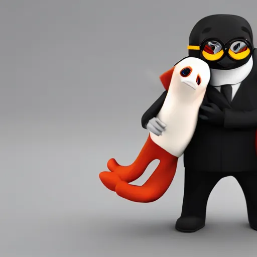 Image similar to Linux Tux strangling Bill Gates, 8k ultra HD, realistic 3D render, CGsociety, Artstation trending, CGI