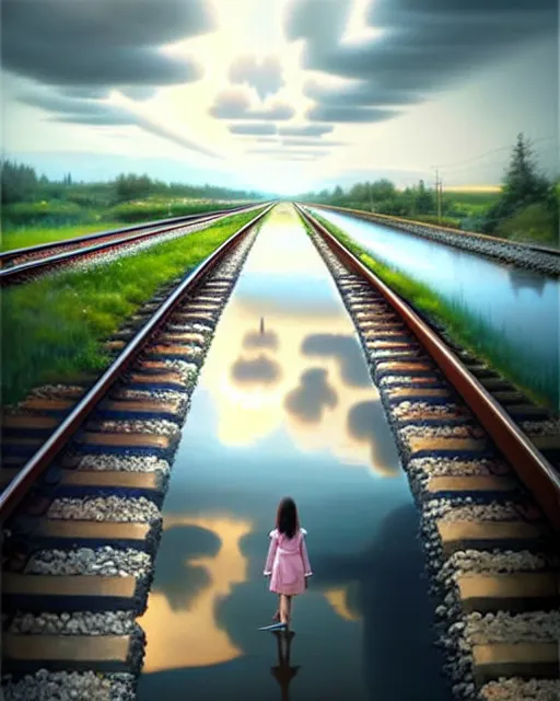 Image similar to shallow reflective water completely covers submerged train tracks as a girl carries her shoes, there is a train station in the distance and large white clouds on a wide horizon, intricate, elegant, highly detailed, digital photo, artstation, concept art, smooth, sharp focus, art by artgerm and greg rutkowski and fra angelico