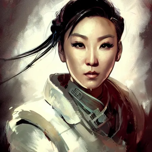 Image similar to portrait of chun - li, colourised, face portrait, epic, tragic, military art, fantasy, dieselpunk, hd shot, digital portrait, beautiful, artstation, comic style, by artgerm, guy denning, jakub rozalski, magali villeneuve and charlie bowater