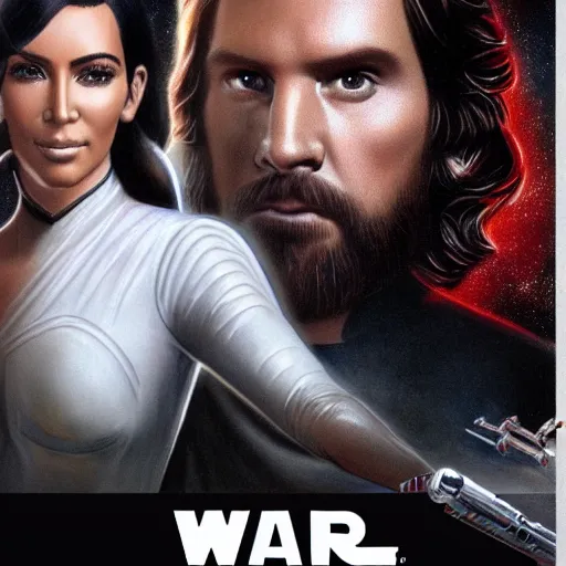 Image similar to super detailed star wars movie poster with Jesus Christ and kim kardashian, 8k full HD photo, cinematic lighting, anatomically correct, oscar award winning, action filled, correct eye placement,