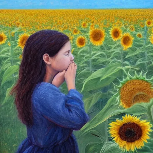 Prompt: a girl smelling one of sunflowers in an amazing tall sunflower field, hair flowing, fog, early morning lightning, subtle, intricate details, real masterpiece, oil on canvas, by franz kafka