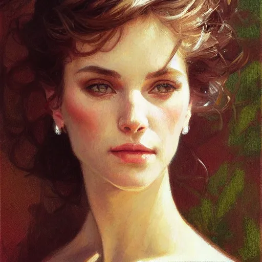 Image similar to ultra realistic portrait of a beautiful woman, intricate, elegant, highly detailed, smooth, sharp focus, by gil elvgen, greg manchess, mucha